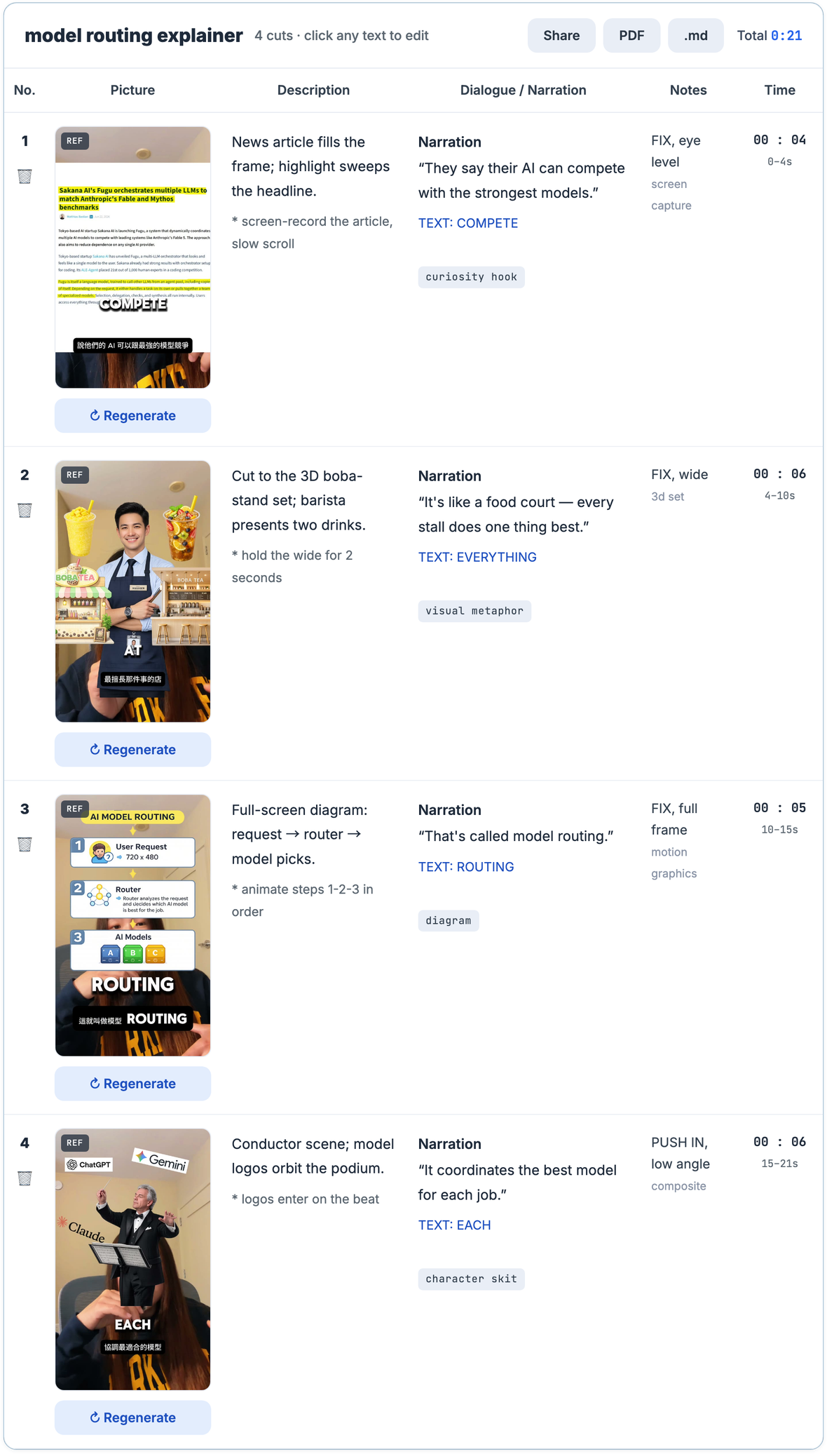 ekonte app storyboard for the model routing explainer: cut list with pictures, narration, notes, and timing